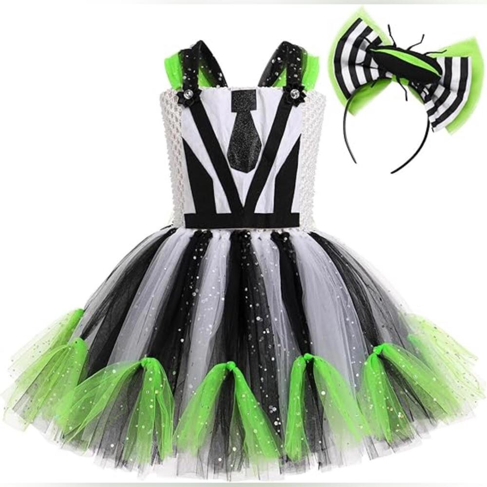 NWT Girls Black/White Stripe Puffy Tulle Tutu Dress & Bowknot Headband, 6-7 Yrs